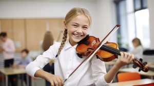 Happy smiling teenage girl playing violin in classroom at school